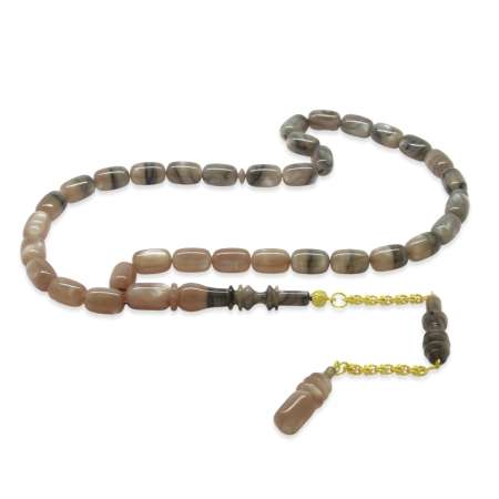 Altın Renk 925 Ayar Gümüş Püskül İmamesı Usta İşçilikli Kapsül Kesim Süzme Bej Siyah Katalin Tesbih - Tesbihane