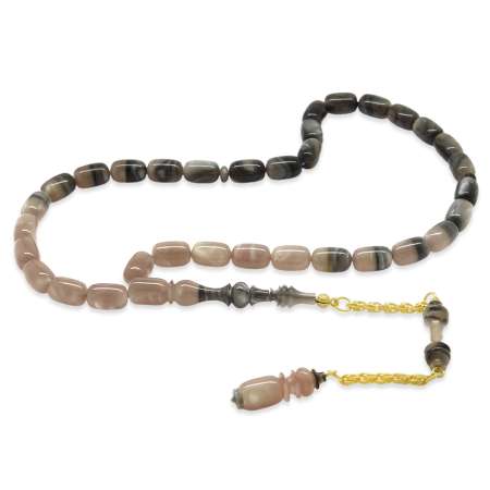 Altın Renk 925 Ayar Gümüş Püsküllü İmame Usta İşçilikli Kapsül Kesim Süzme Bej Siyah Katalin Tesbih - Tesbihane