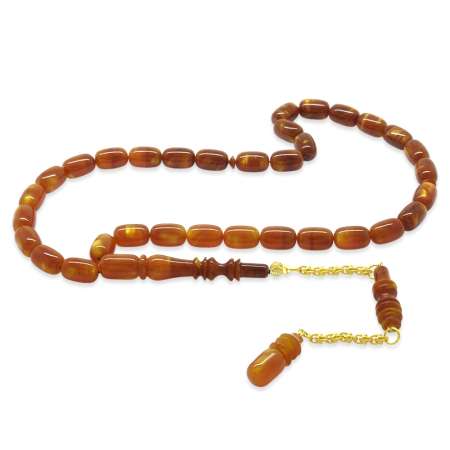 Altın Renk 925 Ayar Gümüş Püsküllü İmamesı Usta İşçilikli Kapsül Kesim Süzme Turuncu Katalin Tesbih - Tesbihane