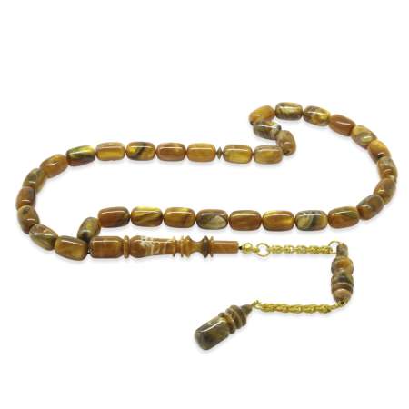 Altın Renk 925 Ayar Gümüş Püsküllü İmamesı Usta İşçilikli Kapsül Kesim Turuncu Beyaz Katalin Tesbih - Tesbihane