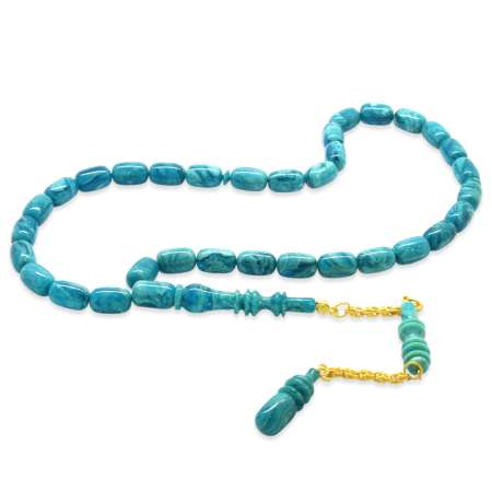 Altın Renk 925 Ayar Gümüş Püskül İmamesı Usta İşçilikli Kapsül Kesim Su Yeşil Turkuaz Katalin Tesbih - Tesbihane