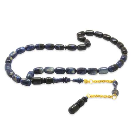 Altın Renk 925 Ayar Gümüş Püskül İmamesı Usta İşçilikli Kapsül Kesim Süzme Mavi Siyah Katalin Tesbih - Tesbihane