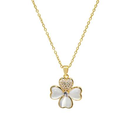 Altın Renk Beyaz Zirkon Taş Süslemeli Kalp Detaylı Yonca Yaprağı Tasarım Çelik Kadın Kolye - Tesbihane