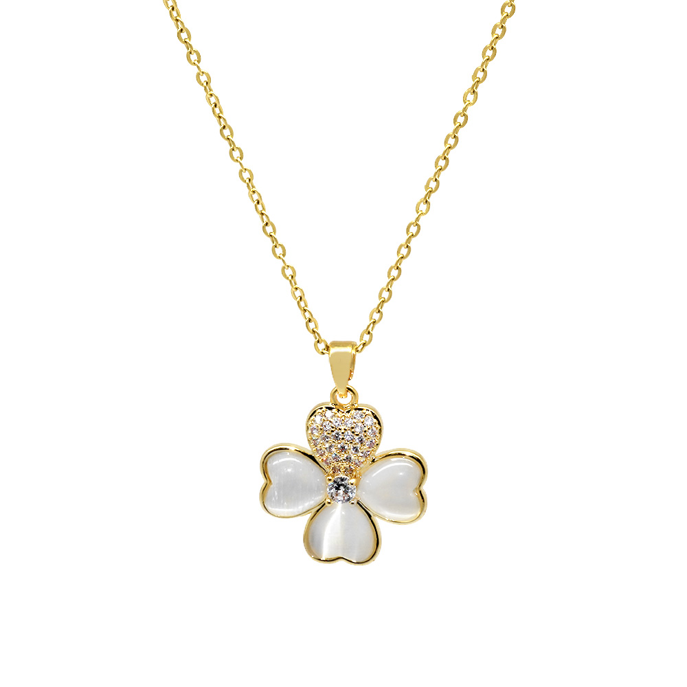 Altın Renk Beyaz Zirkon Taş Süslemeli Kalp Detaylı Yonca Yaprağı Tasarım Çelik Kadın Kolye - 1