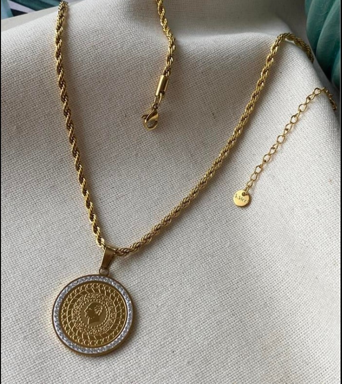 Altın Renk Beyaz Zirkon Taş Süslemeli Beşi Bir Yerde Reşat Altını Tasarım Çelik Kadın Kolye - 2