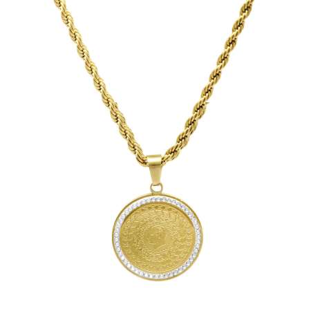 Altın Renk Beyaz Zirkon Taş Süslemeli Beşi Bir Yerde Reşat Altını Tasarım Çelik Kadın Kolye - Tesbihane