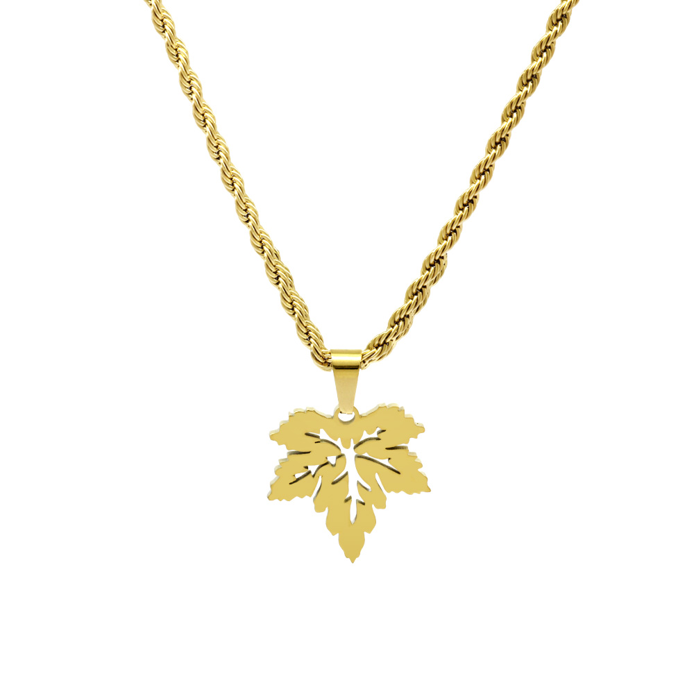 Altın Renk Burma Zincirli Çınar Yaprağı Tasarım Çelik Kadın Kolye - 1