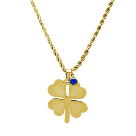 Altın Renk Burma Zincirli Nazar Boncuğu Detaylı Yonca Yaprağı Tasarım Çelik Kadın Kolye - Tesbihane