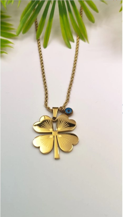 Altın Renk Burma Zincirli Nazar Boncuğu Detaylı Yonca Yaprağı Tasarım Çelik Kadın Kolye - 2