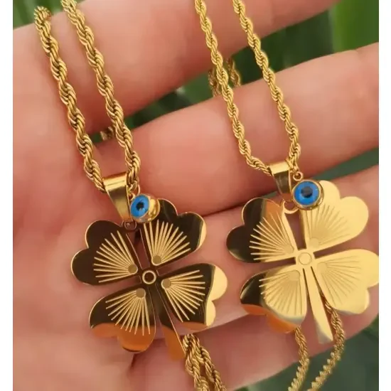 Altın Renk Burma Zincirli Nazar Boncuğu Detaylı Yonca Yaprağı Tasarım Çelik Kadın Kolye - 3