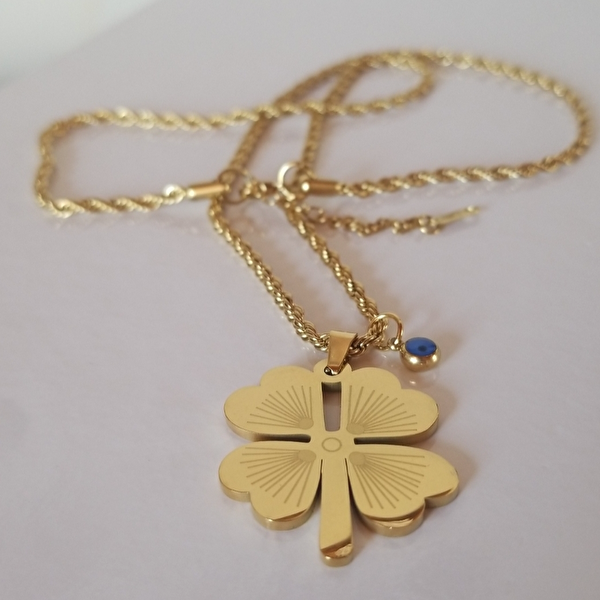 Altın Renk Burma Zincirli Nazar Boncuğu Detaylı Yonca Yaprağı Tasarım Çelik Kadın Kolye - 4