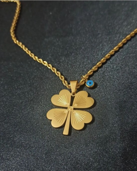 Altın Renk Burma Zincirli Nazar Boncuğu Detaylı Yonca Yaprağı Tasarım Çelik Kadın Kolye - 6