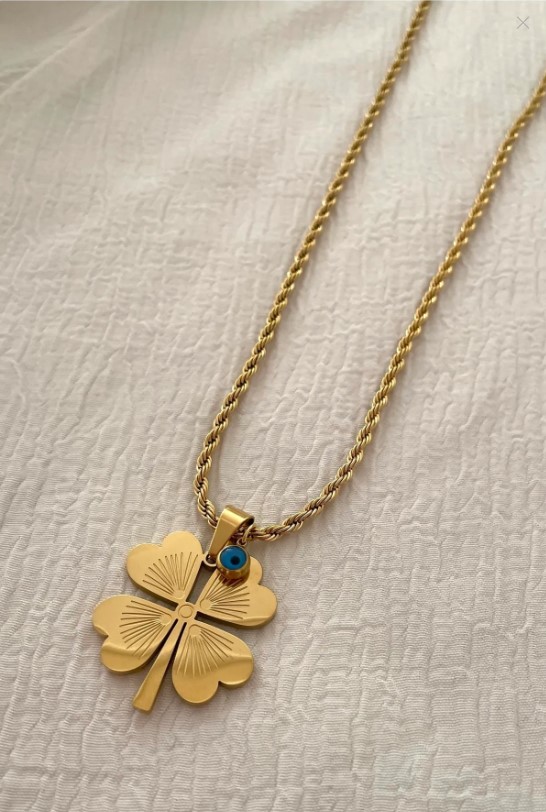 Altın Renk Burma Zincirli Nazar Boncuğu Detaylı Yonca Yaprağı Tasarım Çelik Kadın Kolye - 7