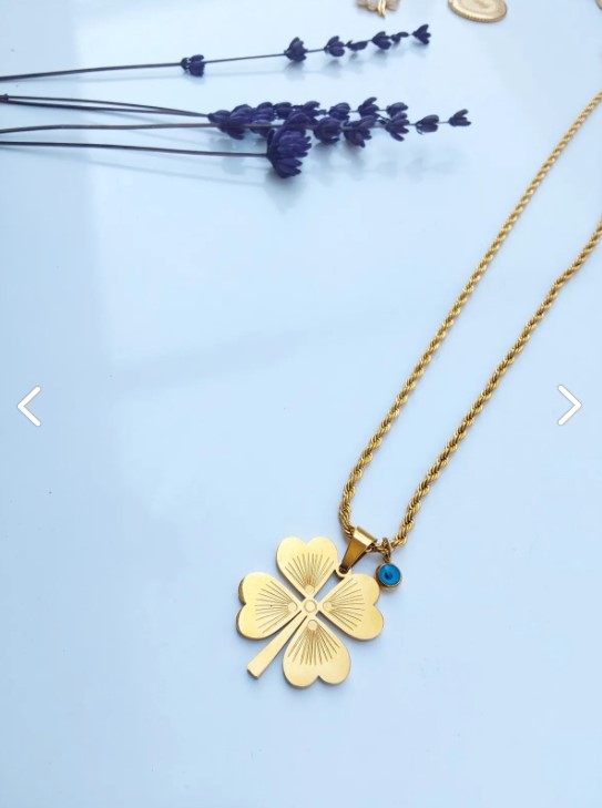 Altın Renk Burma Zincirli Nazar Boncuğu Detaylı Yonca Yaprağı Tasarım Çelik Kadın Kolye - 8