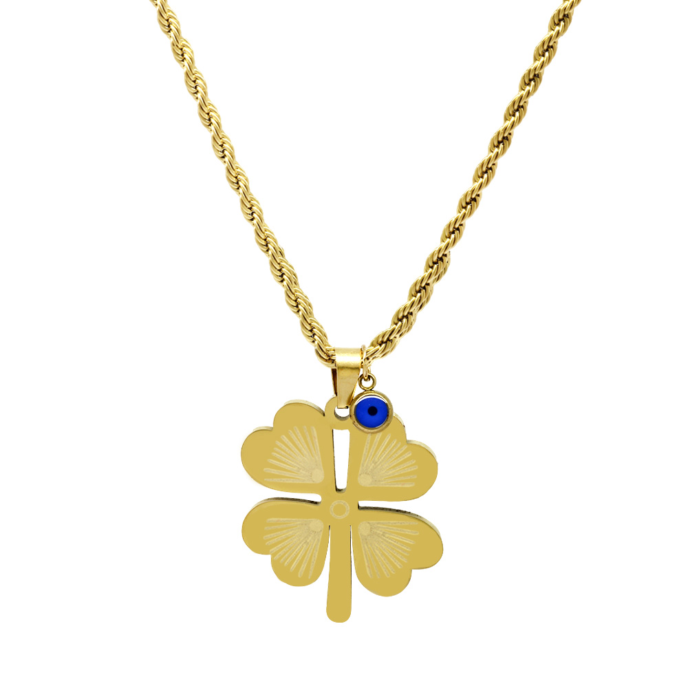 Altın Renk Burma Zincirli Nazar Boncuğu Detaylı Yonca Yaprağı Tasarım Çelik Kadın Kolye - 1