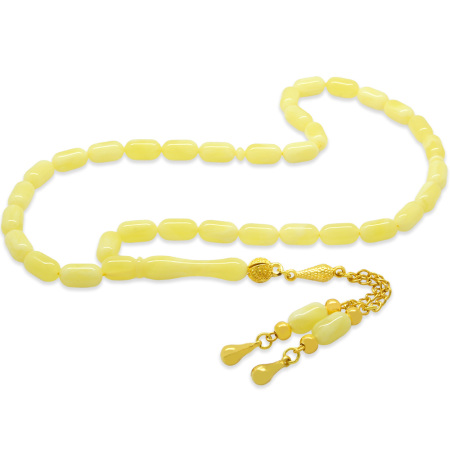 Altın Renk Kararmaz Metal Püsküllü Kapsül Kesim Sarı Renk Beyrut Kehribar Tesbih - Tesbihane