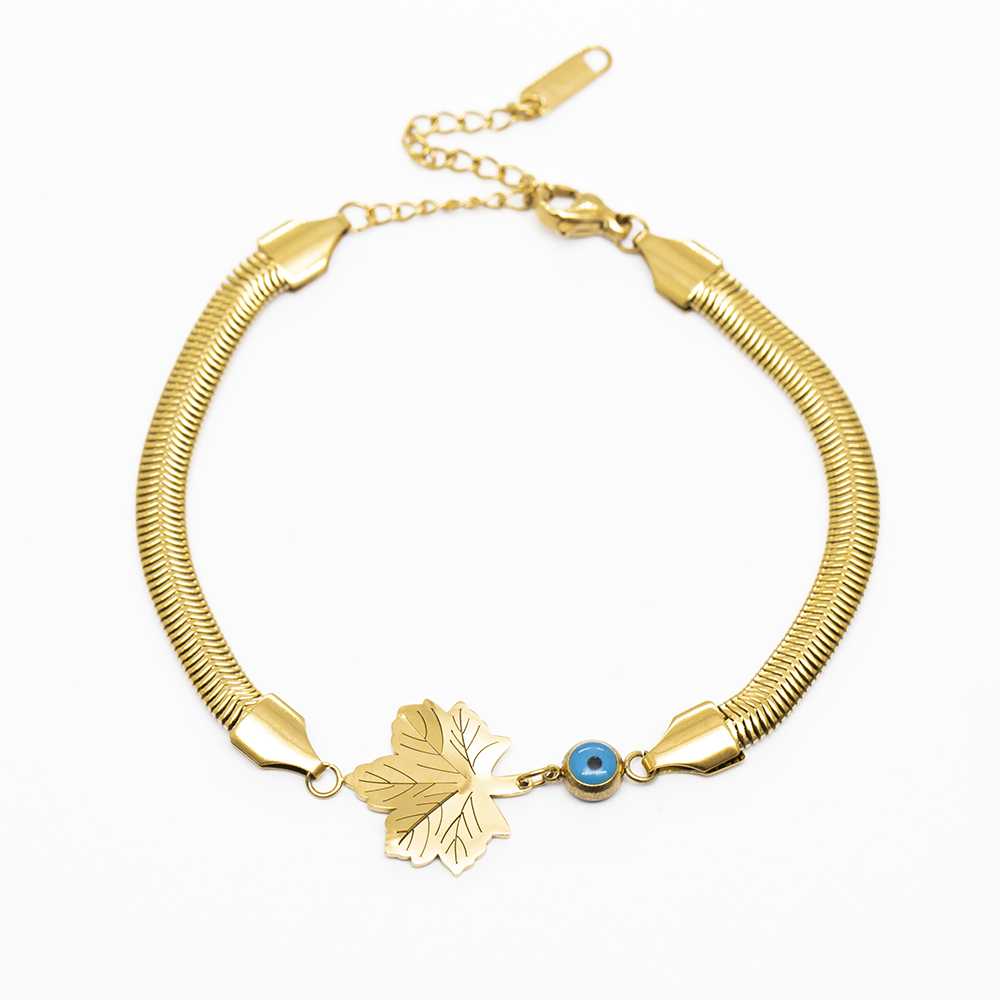 Altın Renk Kararmaz Metal Snake Zincirli Çınar Yaprağı Tasarım Nazar Boncuğu Detaylı Kadın Bileklik - 2