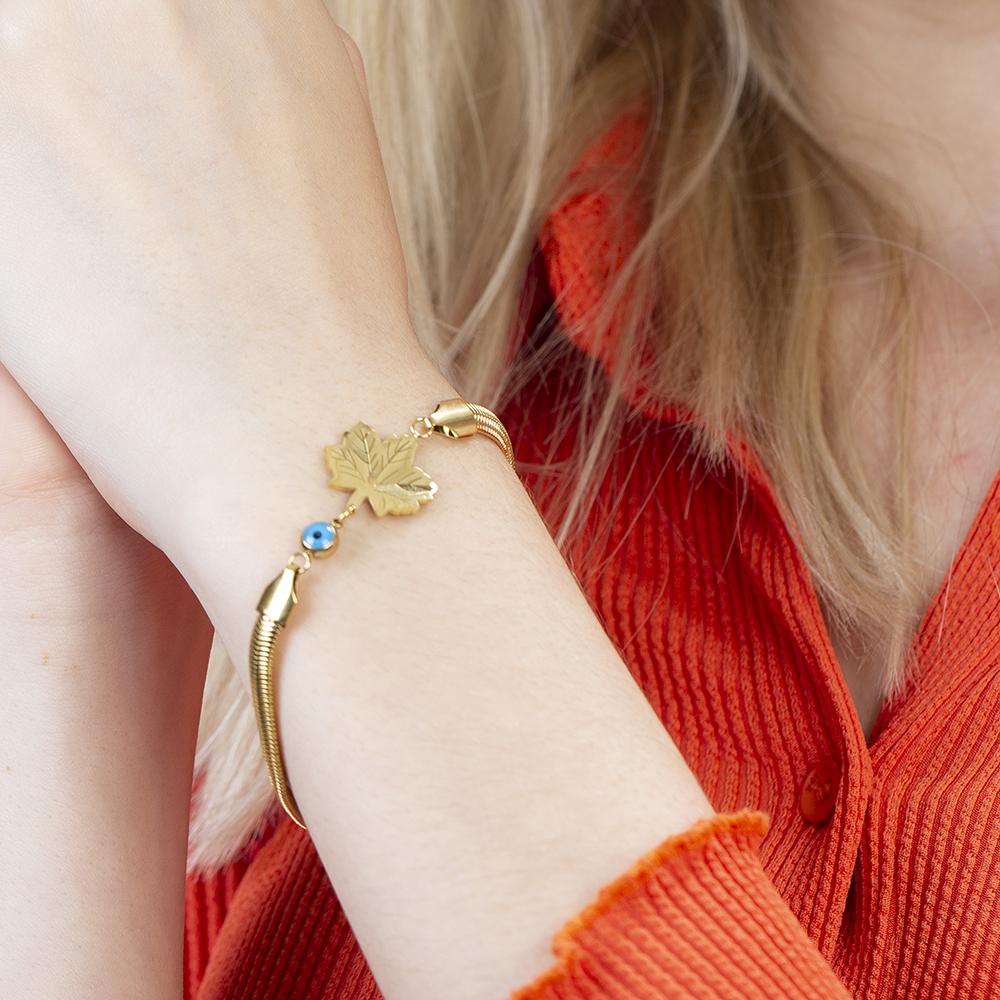 Altın Renk Kararmaz Metal Snake Zincirli Çınar Yaprağı Tasarım Nazar Boncuğu Detaylı Kadın Bileklik - 4