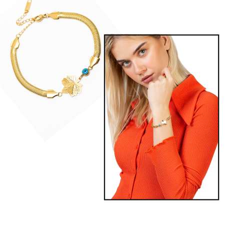 Altın Renk Kararmaz Metal Snake Zincirli Çınar Yaprağı Tasarım Nazar Boncuğu Detaylı Kadın Bileklik - Tesbihane