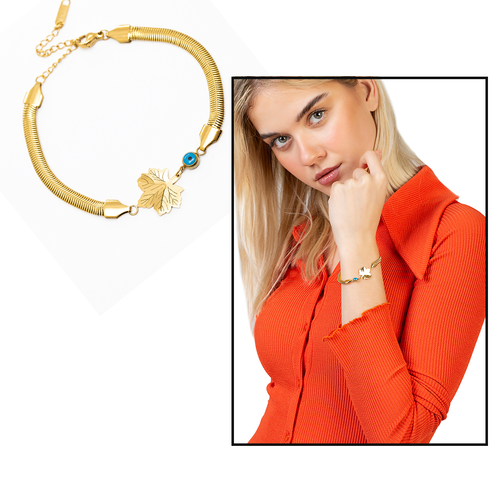 Altın Renk Kararmaz Metal Snake Zincirli Çınar Yaprağı Tasarım Nazar Boncuğu Detaylı Kadın Bileklik - 1