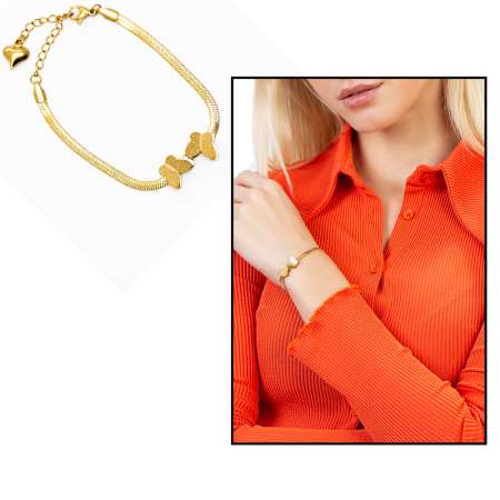 Altın Renk Kararmaz Metal Snake Zincirli Kelebek Detaylı Kadın Bileklik - Tesbihane