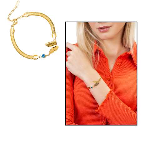 Altın Renk Kararmaz Metal Snake Zincirli Kelebek Tasarım Nazar Boncuğu Detaylı Kadın Bileklik - Tesbihane