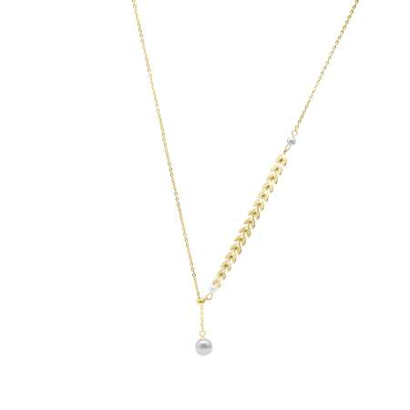 Altın Renk Kararmaz Metal Zincirli Balina Kuyruğu Detaylı İnci Doğaltaş Kombinli Kadın Kolye - Tesbihane