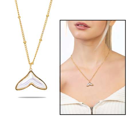 Altın Renk Kararmaz Metal Zincirli Balina Kuyruğu Tasarım İnci Doğaltaş Kombinli Kadın Kolye - Tesbihane