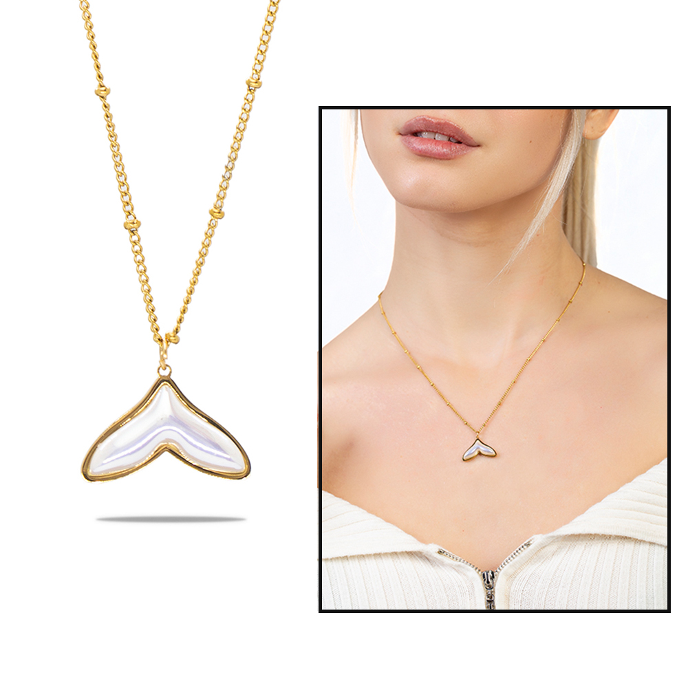Altın Renk Kararmaz Metal Zincirli Balina Kuyruğu Tasarım İnci Doğaltaş Kombinli Kadın Kolye - 1