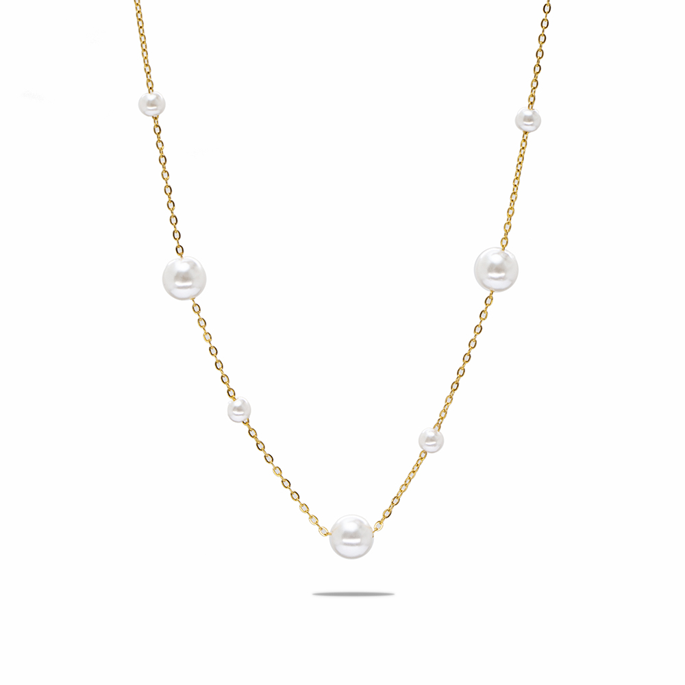 Altın Renk Kararmaz Metal Zincirli İnci Doğaltaş Kombinli Kadın Kolye - 3