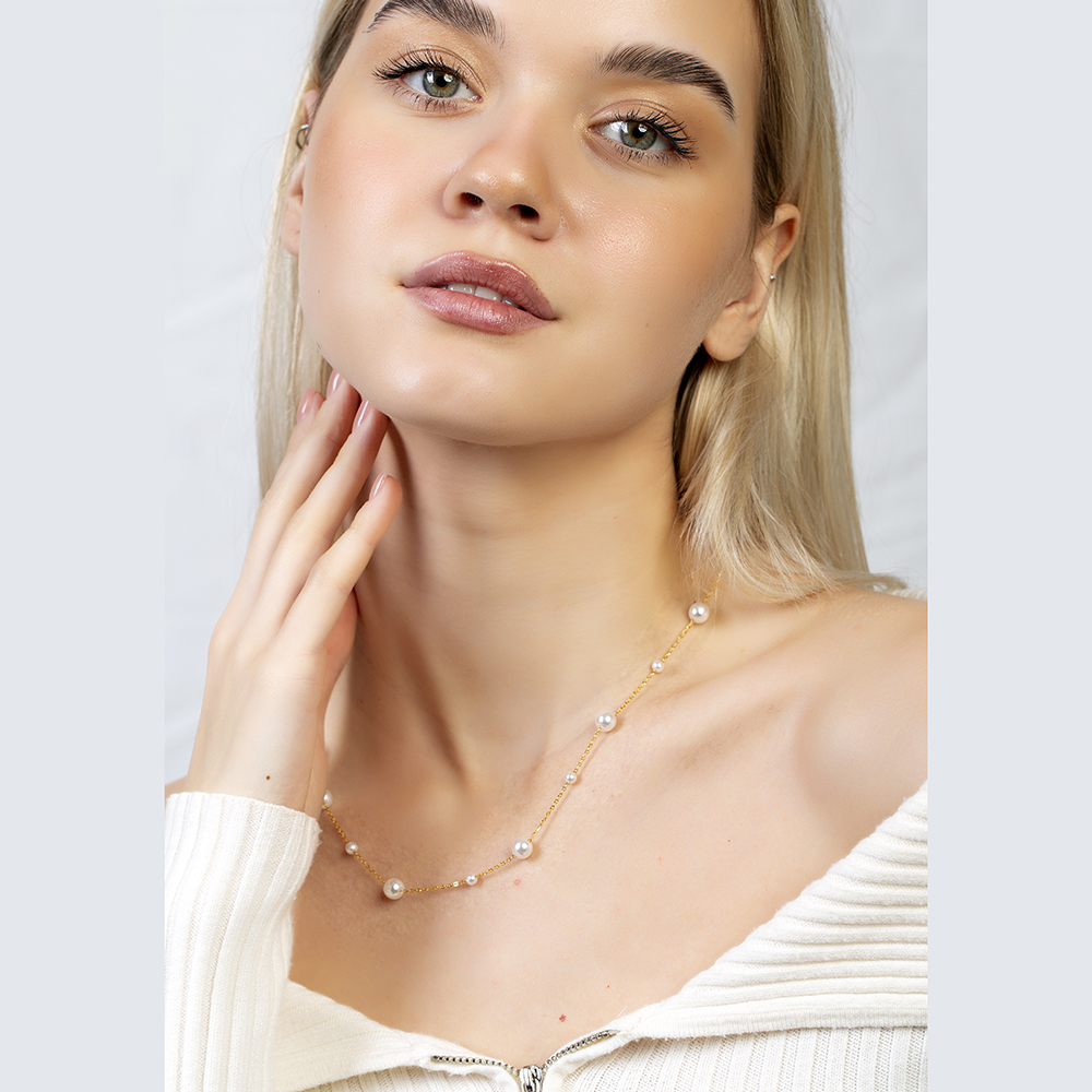 Altın Renk Kararmaz Metal Zincirli İnci Doğaltaş Kombinli Kadın Kolye - 2