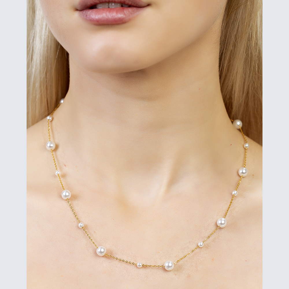 Altın Renk Kararmaz Metal Zincirli İnci Doğaltaş Kombinli Kadın Kolye - 4