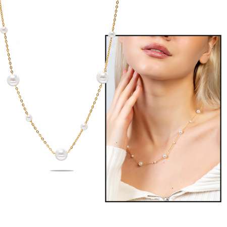 Altın Renk Kararmaz Metal Zincirli İnci Doğaltaş Kombinli Kadın Kolye - Tesbihane