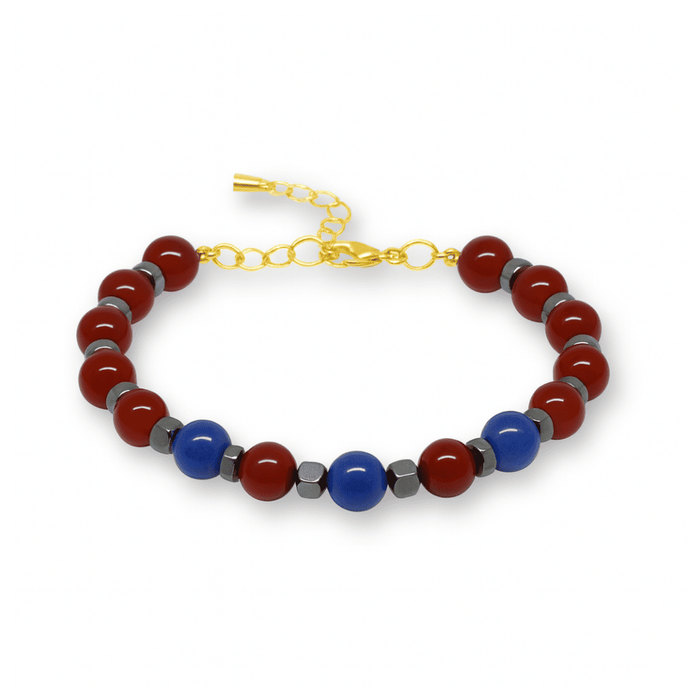 Gold Renk Kararmaz Metal Zincir Küre Kesim Bordo Mavi Jade Hematit Doğaltaş Kadın Taraftar Bileklik - 4