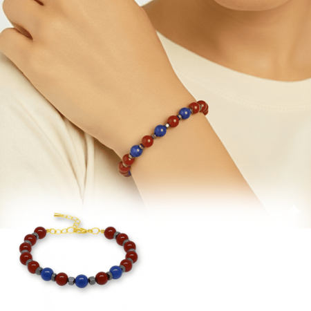Gold Renk Kararmaz Metal Zincir Küre Kesim Bordo Mavi Jade Hematit Doğaltaş Kadın Taraftar Bileklik - Tesbihane