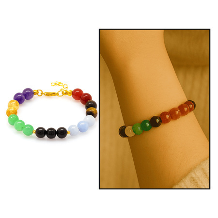 Gold Renk Kararmaz Metal Zincirli Küre Kesim Çoklu Doğaltaş Kombinli Kadın Başarı Bilekliği - Tesbihane