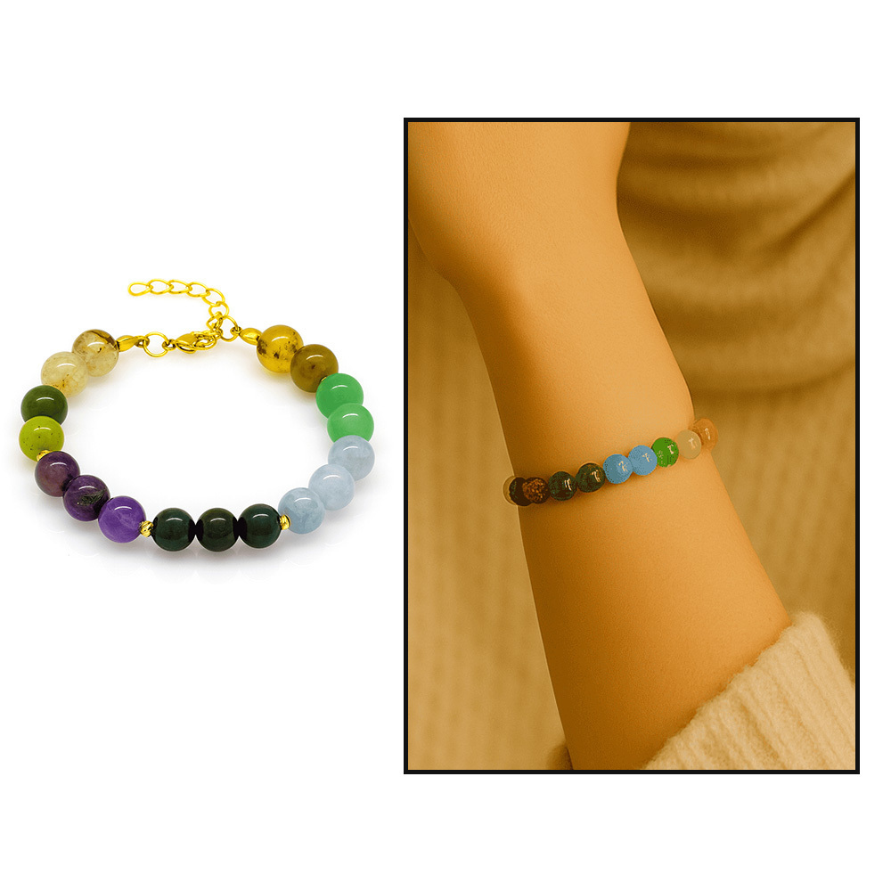 Gold Renk Kararmaz Metal Zincirli Küre Kesim Çoklu Doğaltaş Kombinli Kadın Şifa Bilekliği - 1