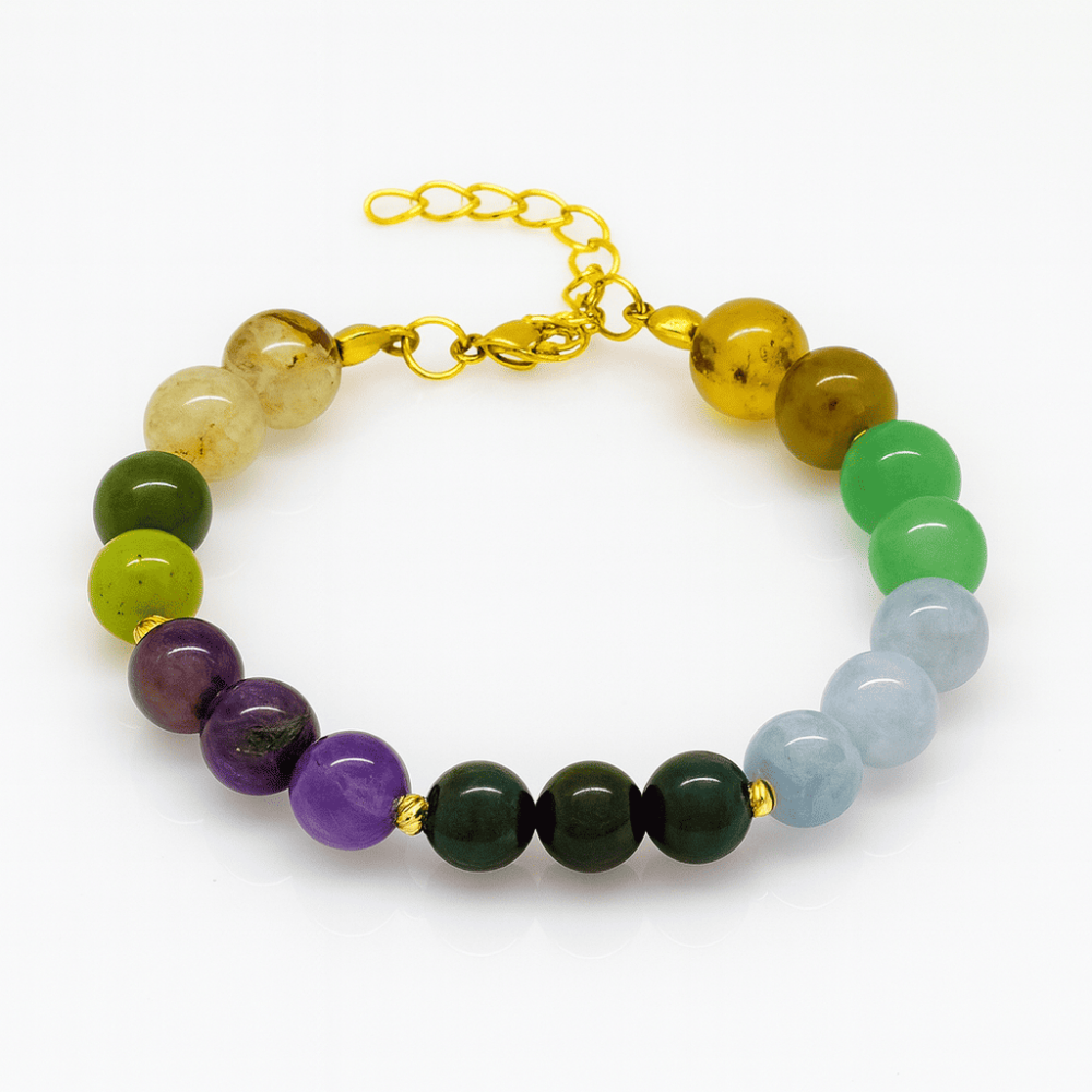 Gold Renk Kararmaz Metal Zincirli Küre Kesim Çoklu Doğaltaş Kombinli Kadın Şifa Bilekliği - 2