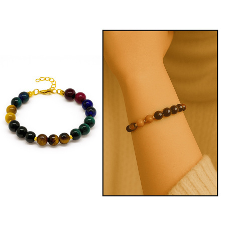 Gold Renk Metal Zincir Küre Kesim Çoklu Kaplan Gözü Doğaltaş Kombinli Kadın Enerji Bilekliği - Tesbihane