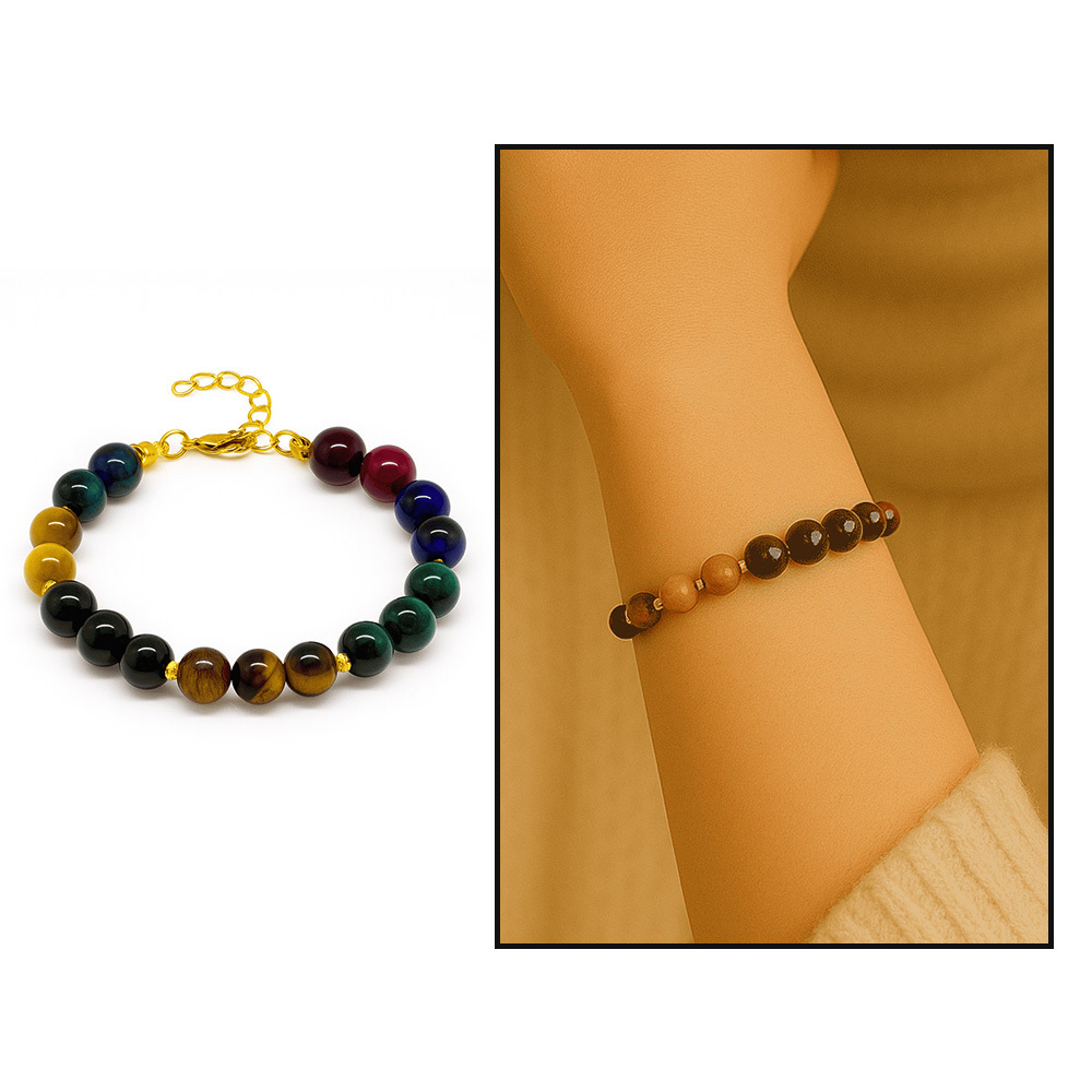 Gold Renk Metal Zincir Küre Kesim Çoklu Kaplan Gözü Doğaltaş Kombinli Kadın Enerji Bilekliği - 1