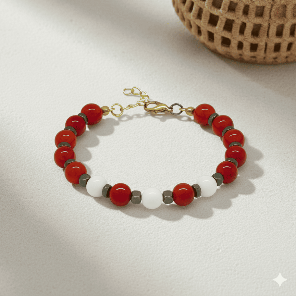 Gold Renk Metal Zincirli Küre Kesim Kırmızı Beyaz Jade Akik Hematit Doğaltaş Kadın Taraftar Bileklik - 3