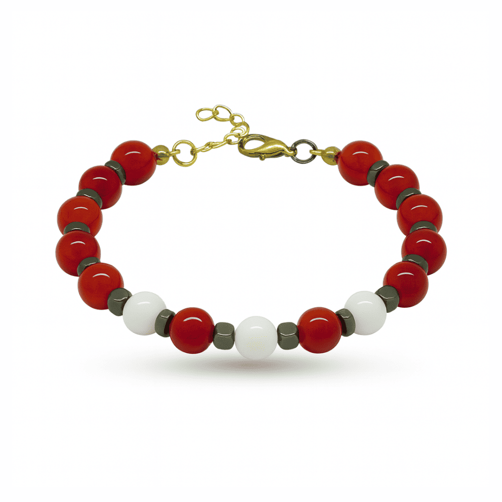 Gold Renk Metal Zincirli Küre Kesim Kırmızı Beyaz Jade Akik Hematit Doğaltaş Kadın Taraftar Bileklik - 4