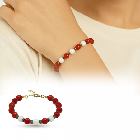 Gold Renk Metal Zincirli Küre Kesim Kırmızı Beyaz Jade Akik Hematit Doğaltaş Kadın Taraftar Bileklik - Tesbihane