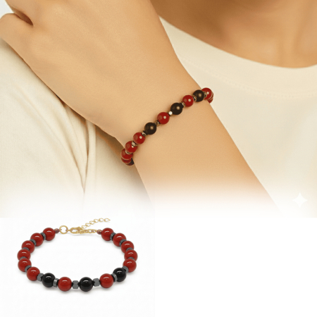 Gold Renk Metal Zincir Küre Kesim Kırmızı Siyah Akik Oniks Hematit Doğaltaş Kadın Taraftar Bileklik - Tesbihane