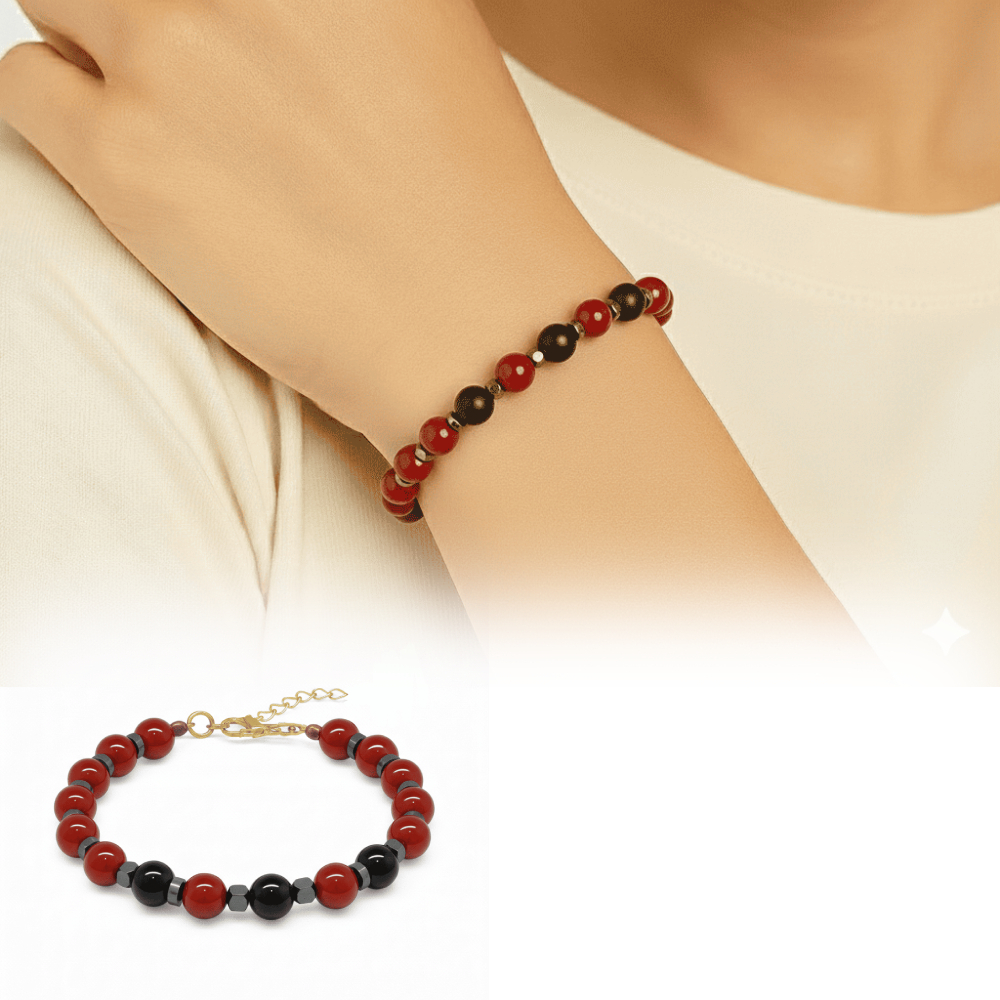 Gold Renk Metal Zincir Küre Kesim Kırmızı Siyah Akik Oniks Hematit Doğaltaş Kadın Taraftar Bileklik - 1