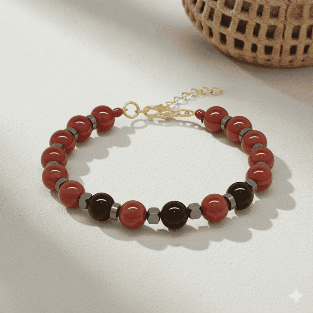 Gold Renk Metal Zincir Küre Kesim Kırmızı Siyah Akik Oniks Hematit Doğaltaş Kadın Taraftar Bileklik - 3