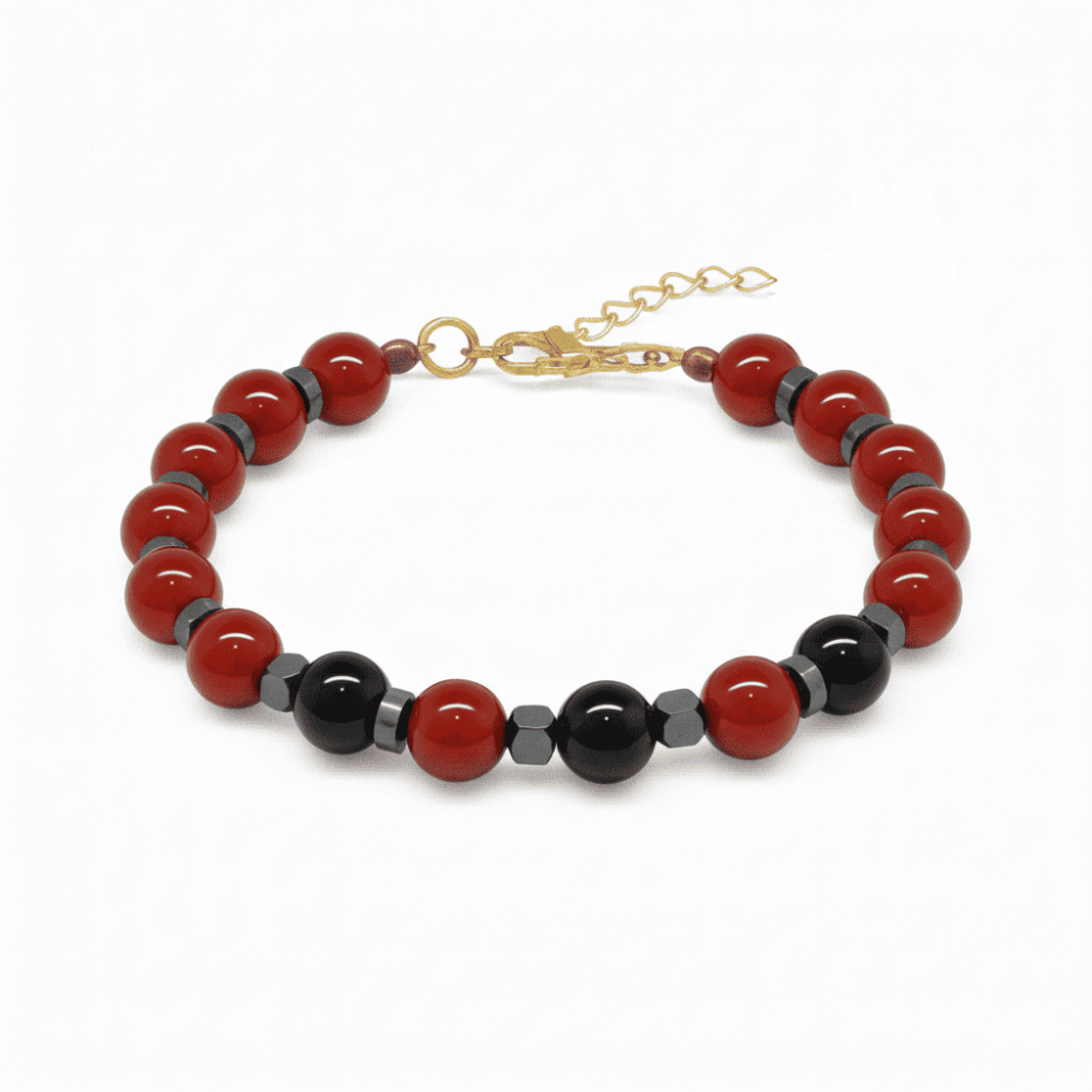 Gold Renk Metal Zincir Küre Kesim Kırmızı Siyah Akik Oniks Hematit Doğaltaş Kadın Taraftar Bileklik - 4