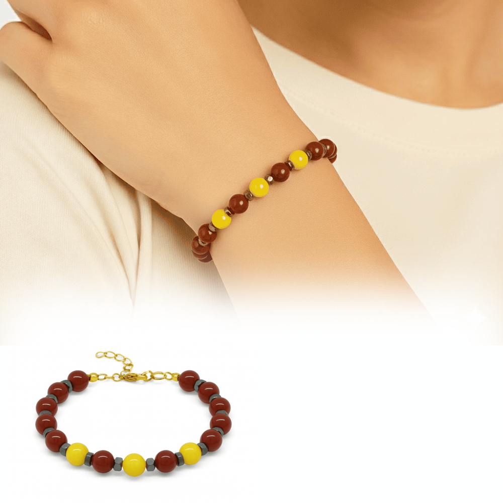 Gold Renk Metal Zincirli Küre Kesim Sarı Kırmızı Jade Akik Hematit Doğaltaş Kadın Taraftar Bileklik - 1