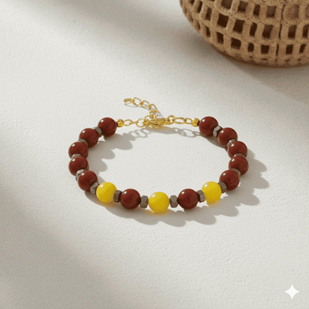 Gold Renk Metal Zincirli Küre Kesim Sarı Kırmızı Jade Akik Hematit Doğaltaş Kadın Taraftar Bileklik - 3