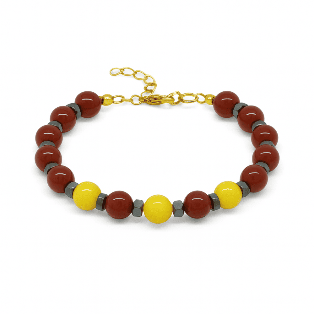 Gold Renk Metal Zincirli Küre Kesim Sarı Kırmızı Jade Akik Hematit Doğaltaş Kadın Taraftar Bileklik - 4